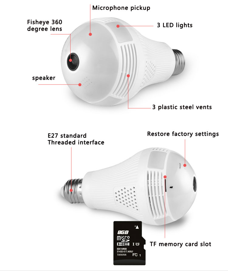 1080p wireless mobile phone remote 360 degree panoramic light bulb camera